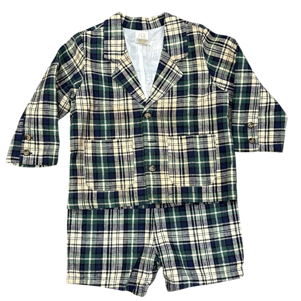 Baby Gap Jon Jon and Blazer 2PC Set Green/Blue/Cream Plaid Sz 24mo Linen/Cotton